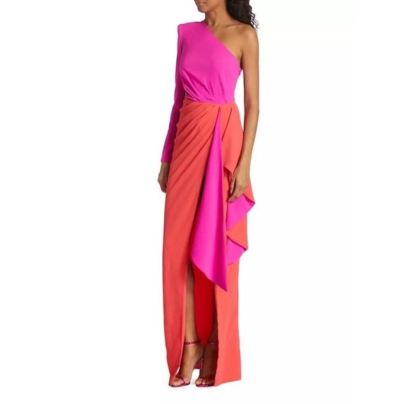 Michael Costello Evelyn One-Shoulder Colorblocked Draped Gown - Picture 5 of 10